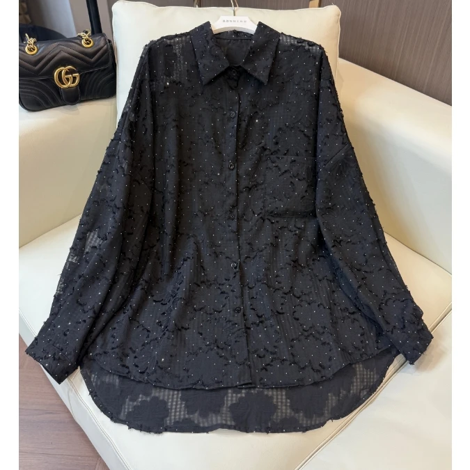 【鑫蕾】复古显瘦提花宽松休闲衬衫百搭气质上衣28599