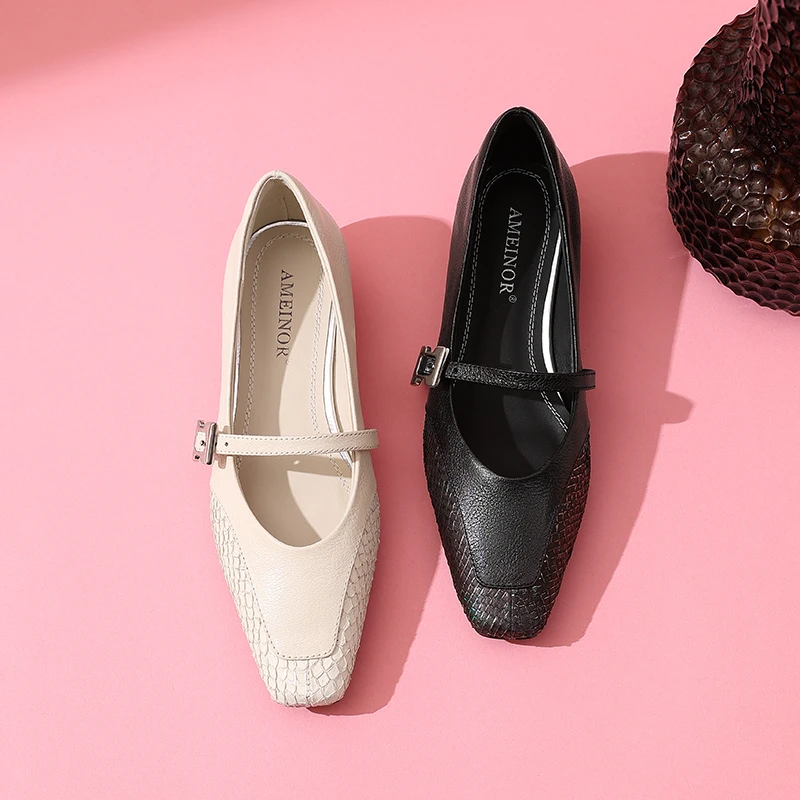 春季新款一字带百搭小方头气质真皮浅口女士舒适单鞋-6838