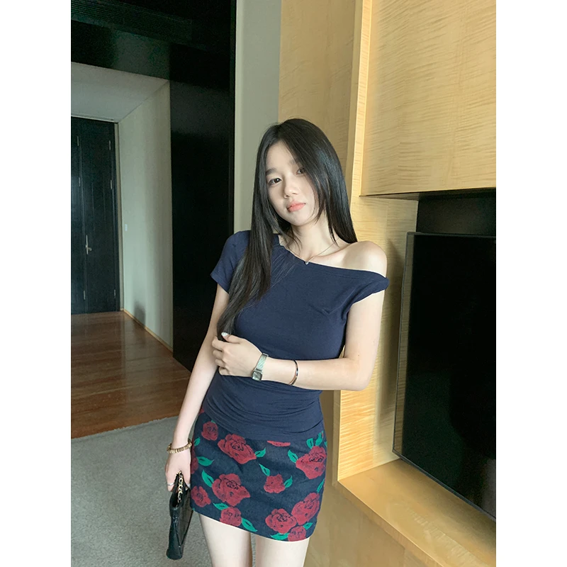 YOKLASS少女家 【清清】藏青色提花半身裙时尚显瘦短裙 B32581S52