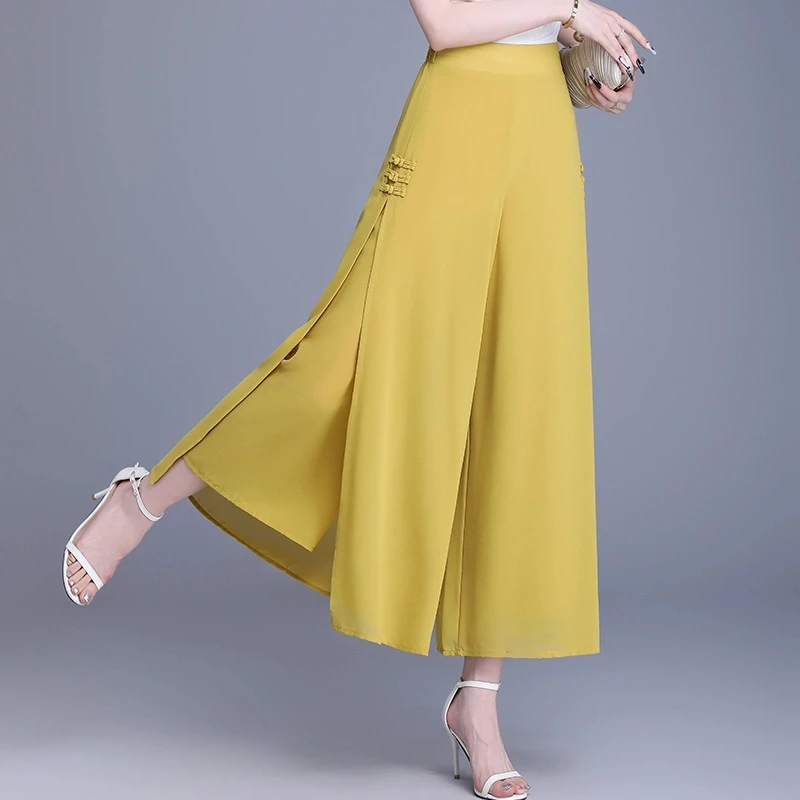 时尚芥末黄阔腿裤女夏季薄款雪纺高腰宽松显瘦裙裤垂感休闲九分裤