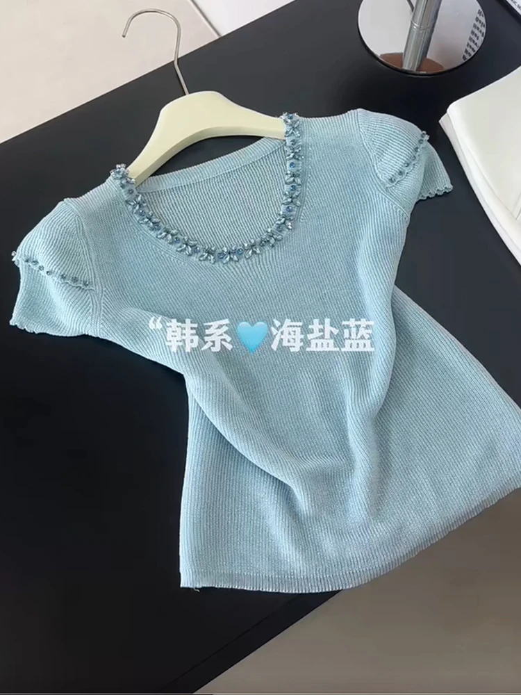 2025夏季新款设计感重工钉珠气质短袖T恤小衫女修身显瘦圆领上衣
