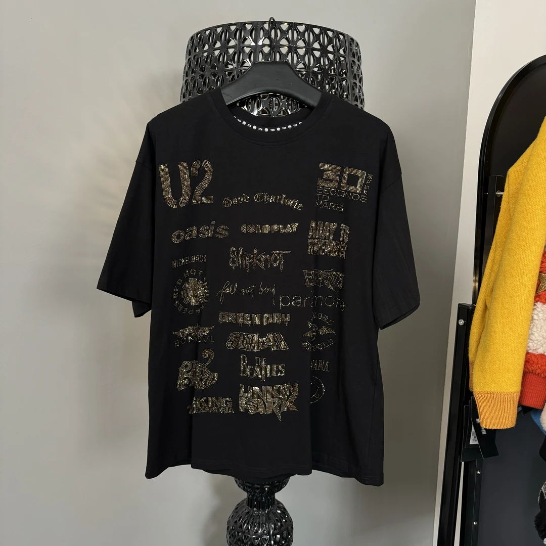 奥莱-TCH潮牌字母logo烫金钻圆领黑色T恤男女同款T21110C6151