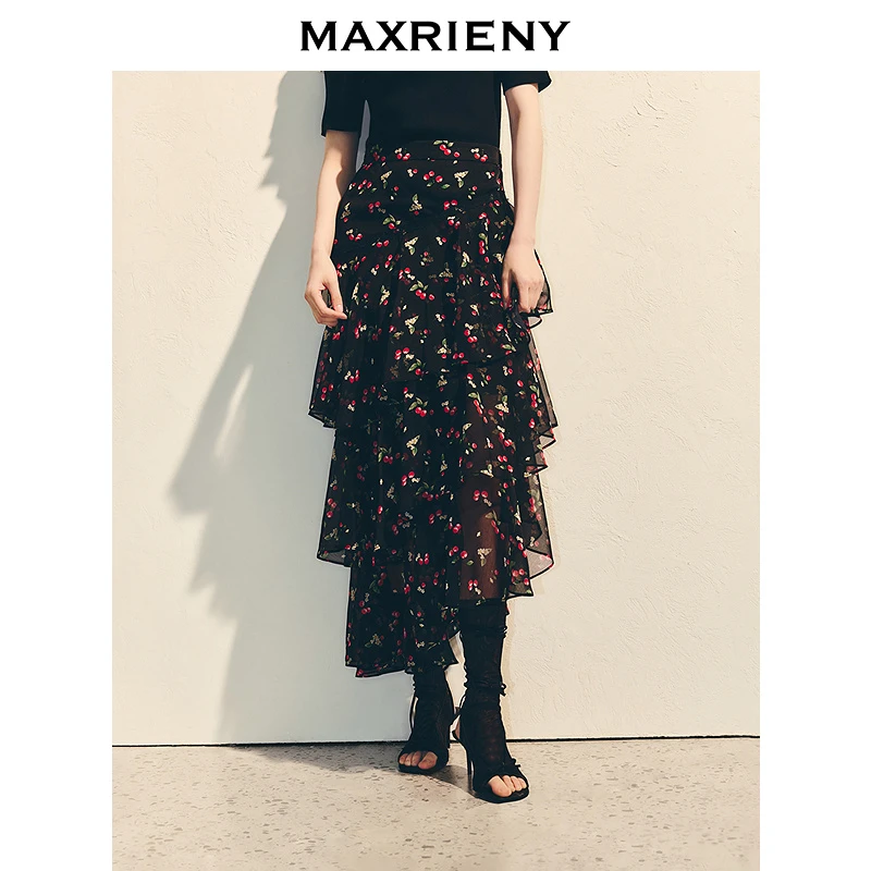 MAXRIENY精致浪漫感半身裙25夏款不对称层叠波浪裙摆设计高腰半裙