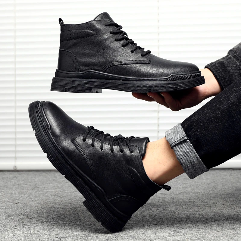 头层牛皮马丁靴男士中帮冬季真皮工装加绒皮靴侧拉链软皮软底短靴