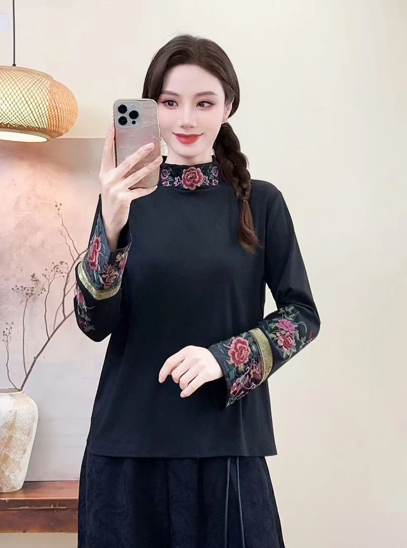 28155#秋冬新款新中式《秋意星辰》女时尚潮流百搭刺绣长袖拼接上衣