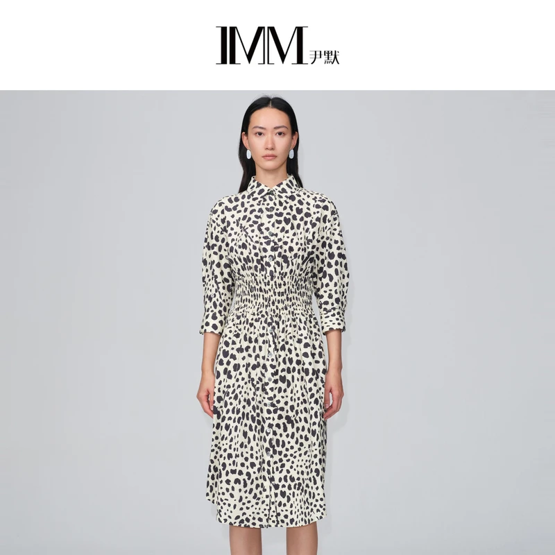 尹默【商场同款】复古时尚女装豹纹碎花连衣裙修身洋气印花收腰长款