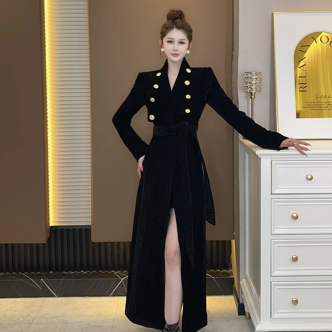 MD·依诺2023冬季显瘦气质长袖黑色法式优雅中长款风衣外套