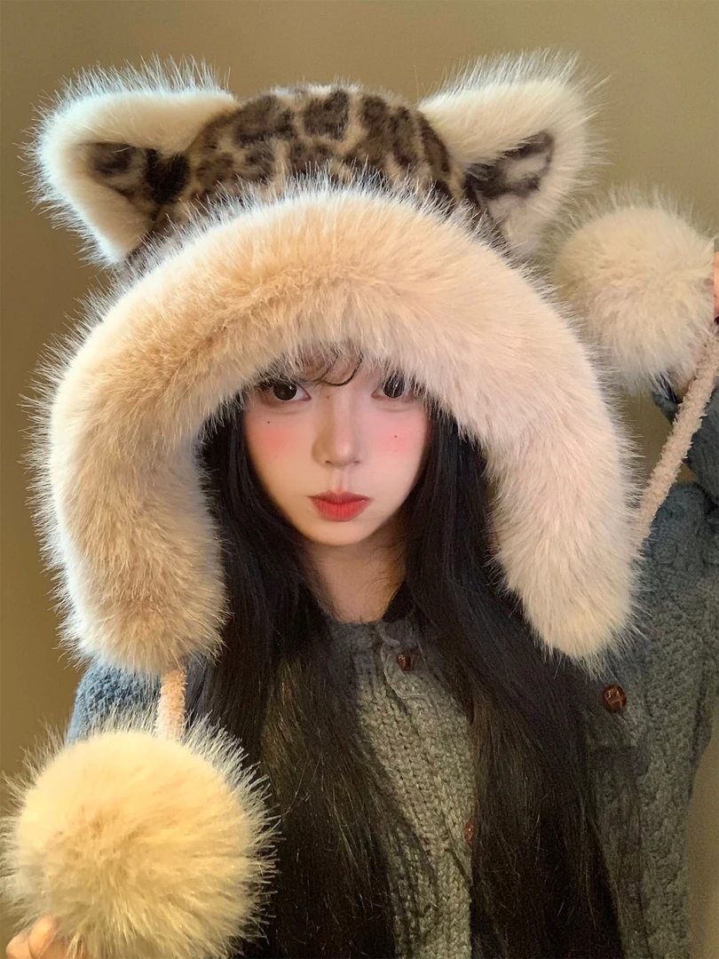 可爱豹纹狐狸耳朵毛绒帽女冬季显脸小包头帽保暖防寒护耳雷锋帽子