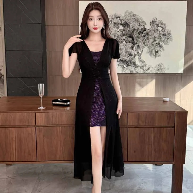 名媛性感时尚网纱拼接宴会礼服长裙气质御姐显瘦夜场不规则连衣裙