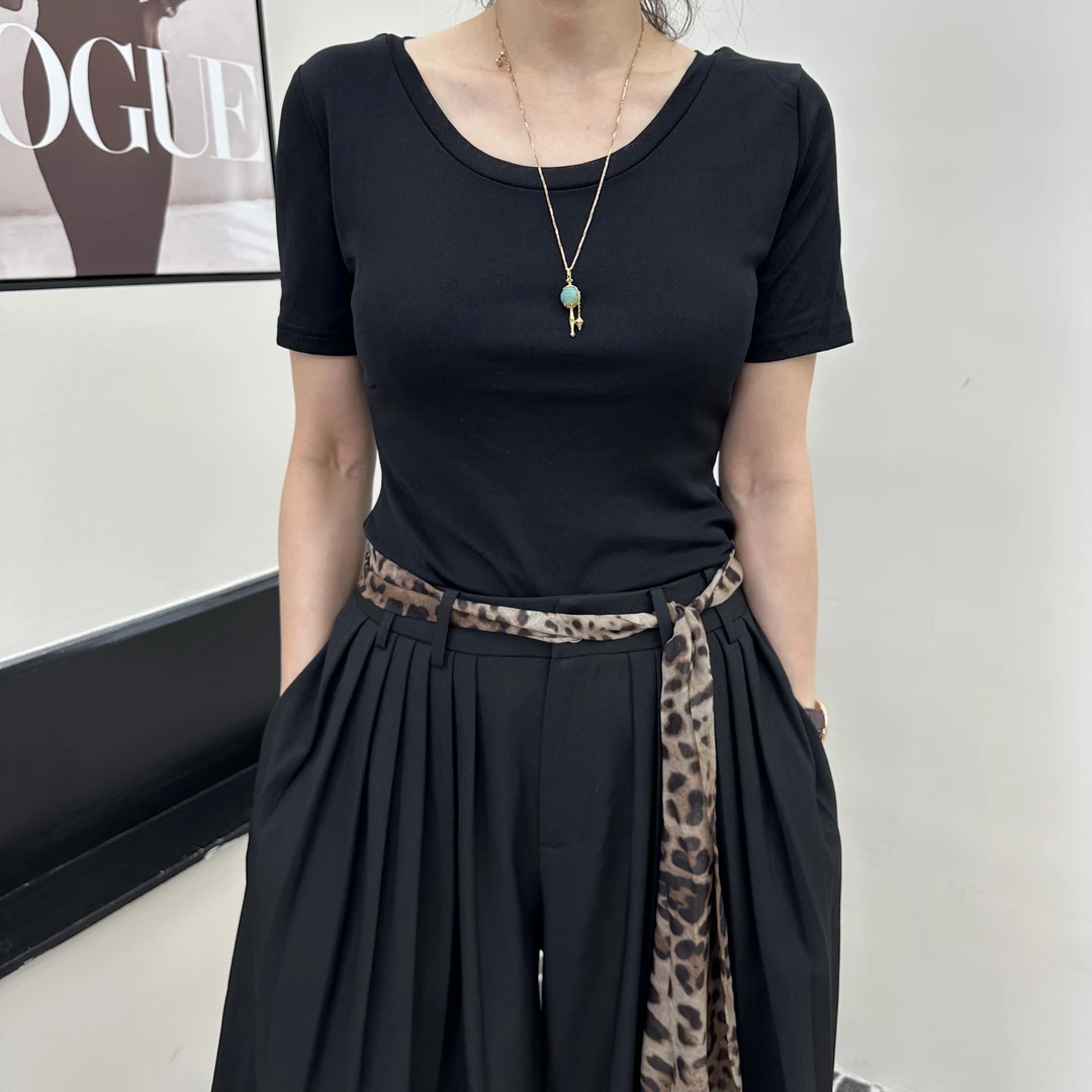 JJ私服 U型黑色网纱T恤8474领宽松型短袖中袖T恤显瘦针织黑色