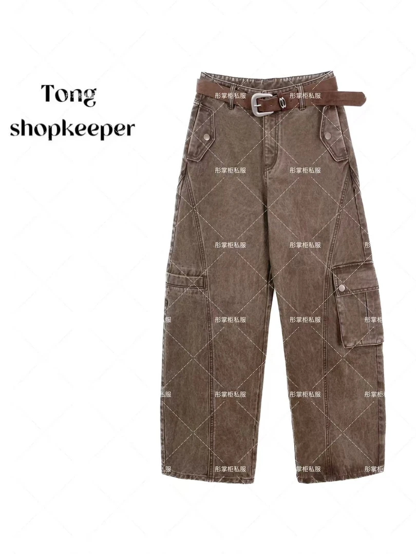 QJ/彤掌柜1682622 秋冬25美式工装大口袋拼接腰带质感百搭休闲裤