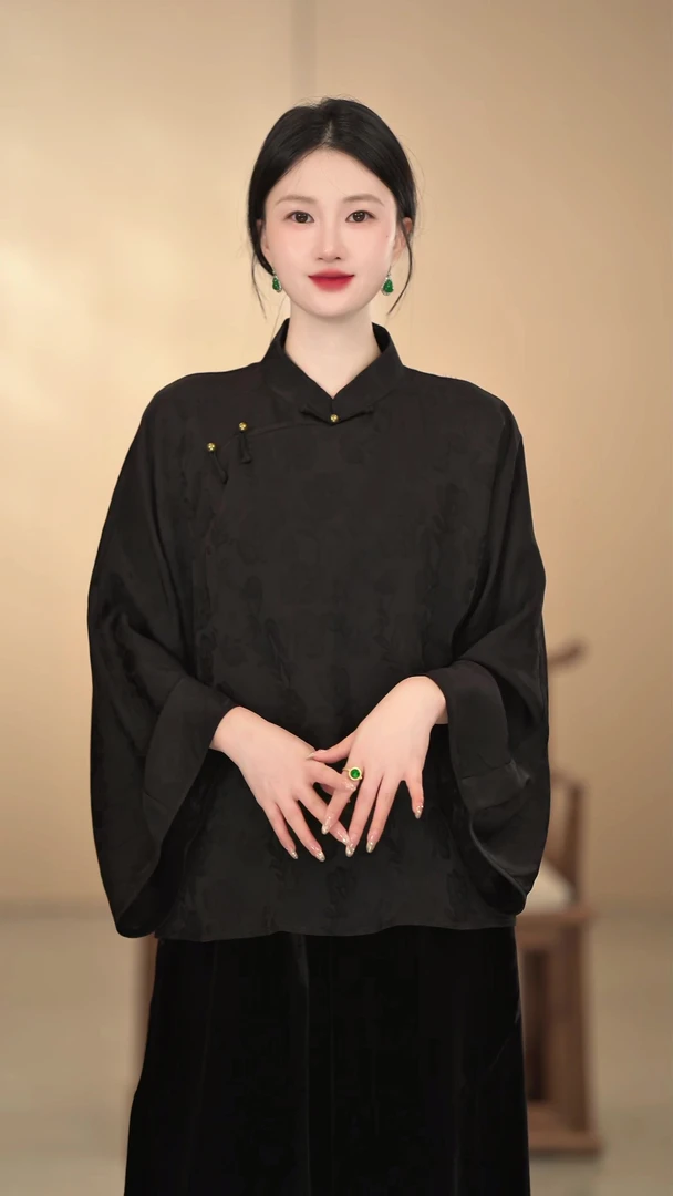 「芝麻粥」新中式四季款日常立领斜襟汉服国风复古禅意宽松黑色显瘦