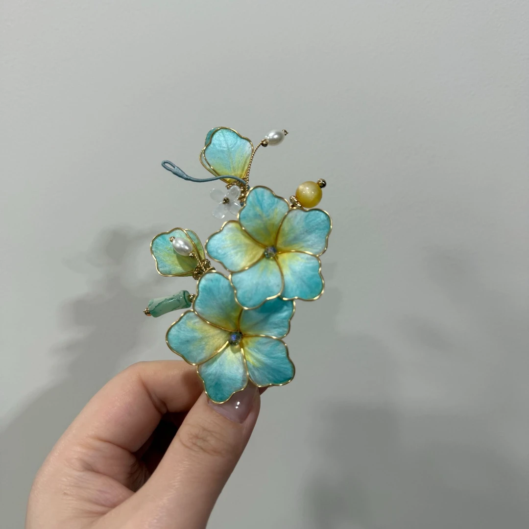 小青梅绒花发簪~蓝绿手工日常清新古风