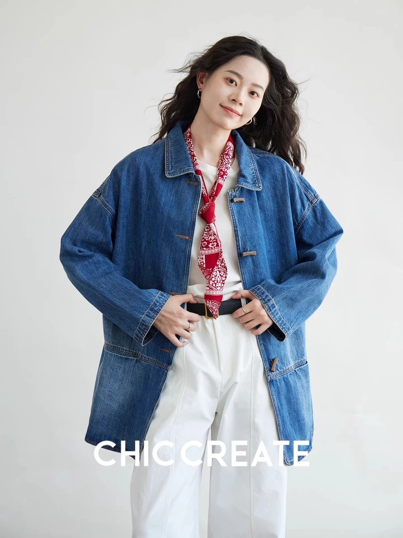 飒爽美式时髦！牛角扣门襟 新疆棉纯棉宽松一手长牛仔外套夹克女