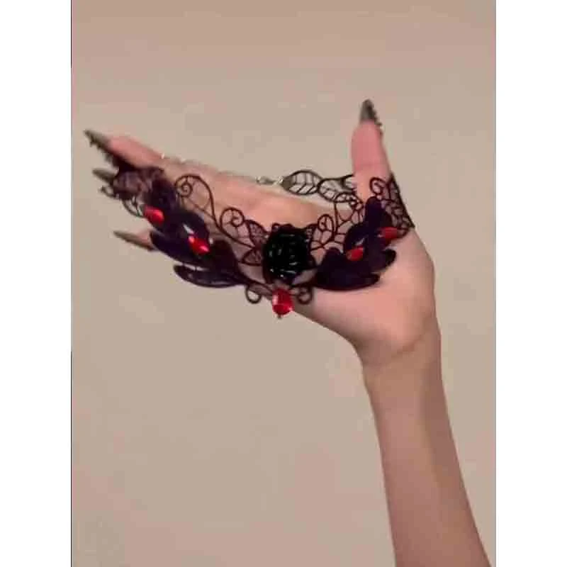 非金属布艺项链 暗黑风红玫瑰项链独特复古黑色蕾丝锁骨链小众