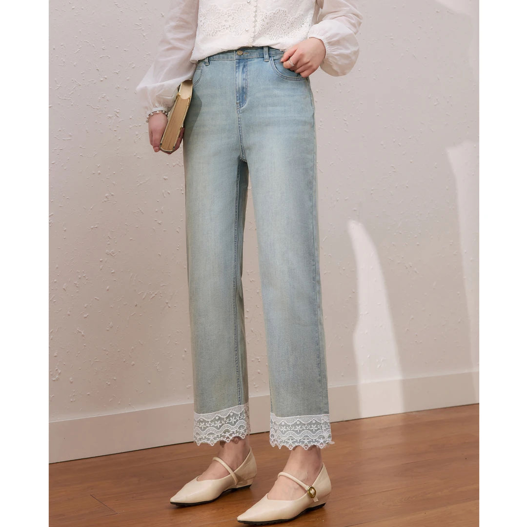 大码牛仔裤2025春夏新欧货时尚高腰百搭宽松显瘦蕾丝花边九分阔腿
