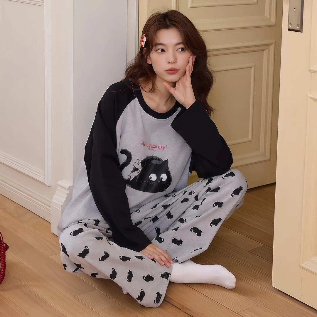 新品春秋季可外穿睡衣卡通灰黑搭配卡通带胸垫纯棉长袖长裤套装