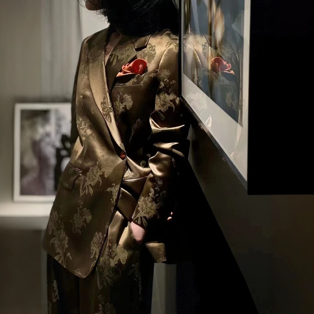 2025春秋新款高端提花醋酸面料职业西装套装女阔腿裤两件套设计感