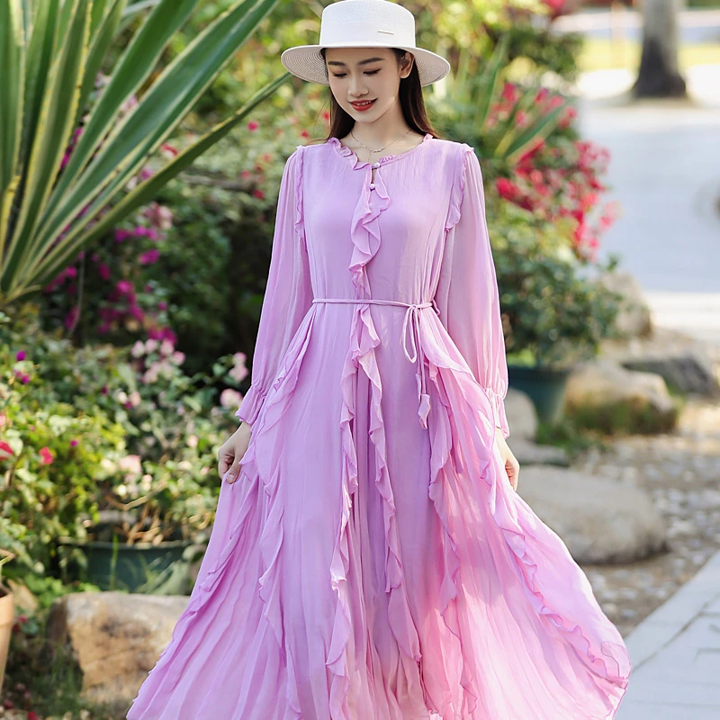 拜占庭的森林紫色气质时尚百搭长款轻奢拼接优雅纯色桑蚕丝连衣裙