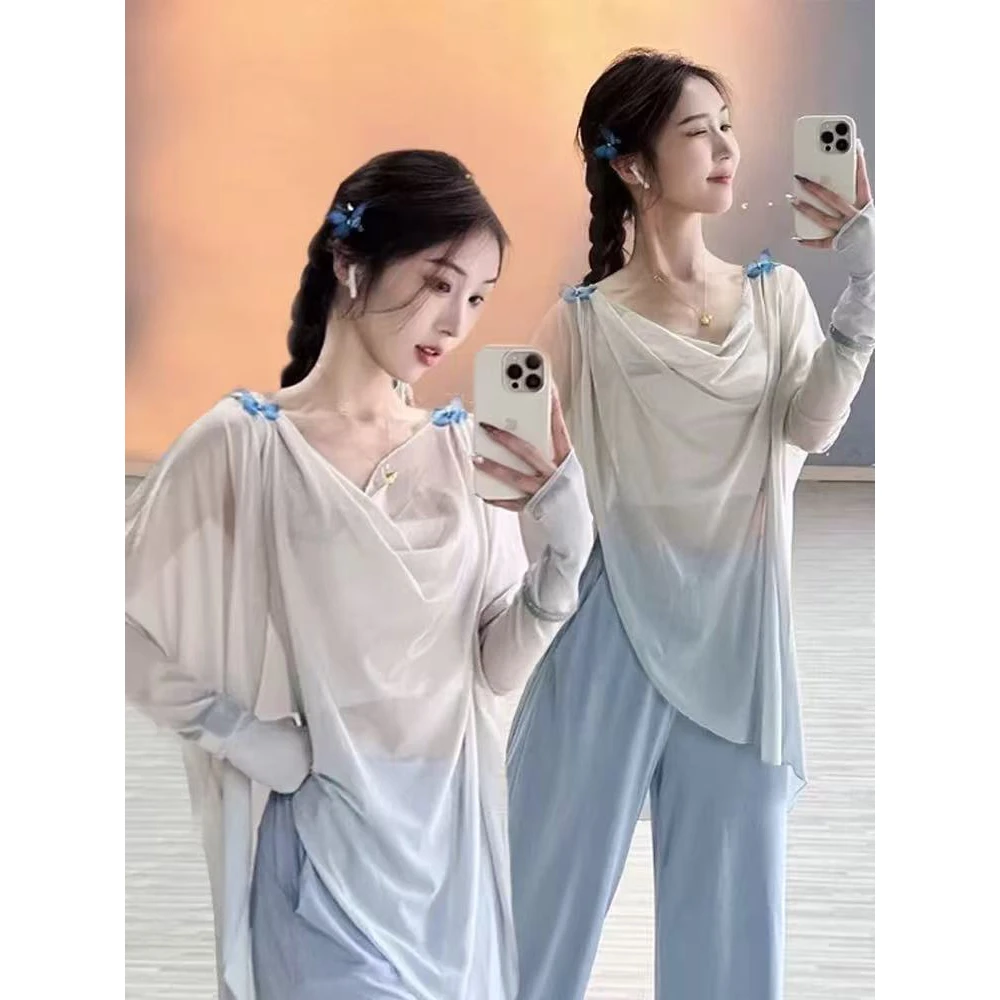 古典舞渐变蝴蝶纱衣飘逸宽松舞蹈练功服现代舞上衣中国舞演出服装