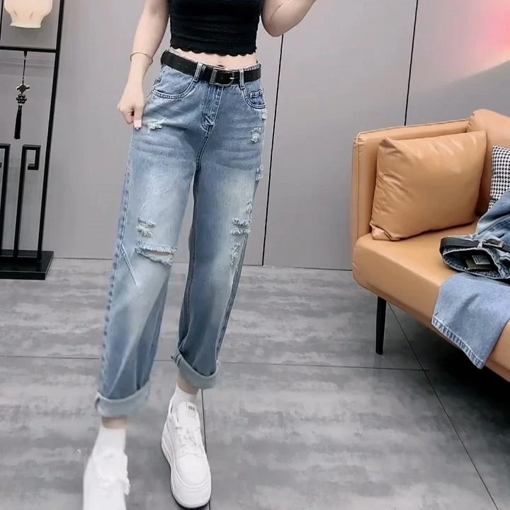 梨形身材弹力哈伦牛仔裤女2025年春夏新款破洞胖mm高腰显瘦老爹裤