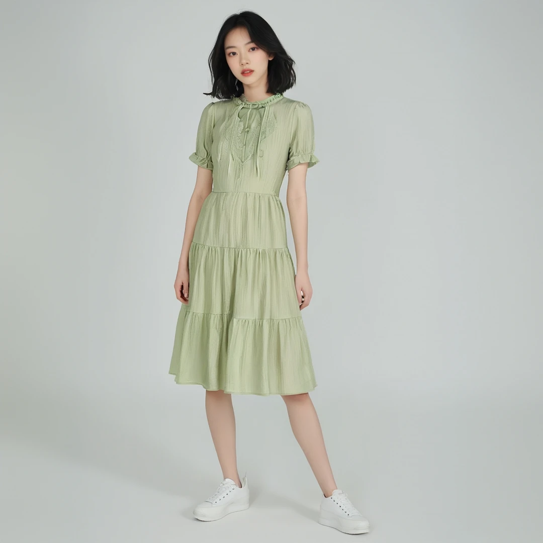 L216圆领轻奢抹胸型立领欧式显瘦褶皱连衣裙不褪色气质长裙