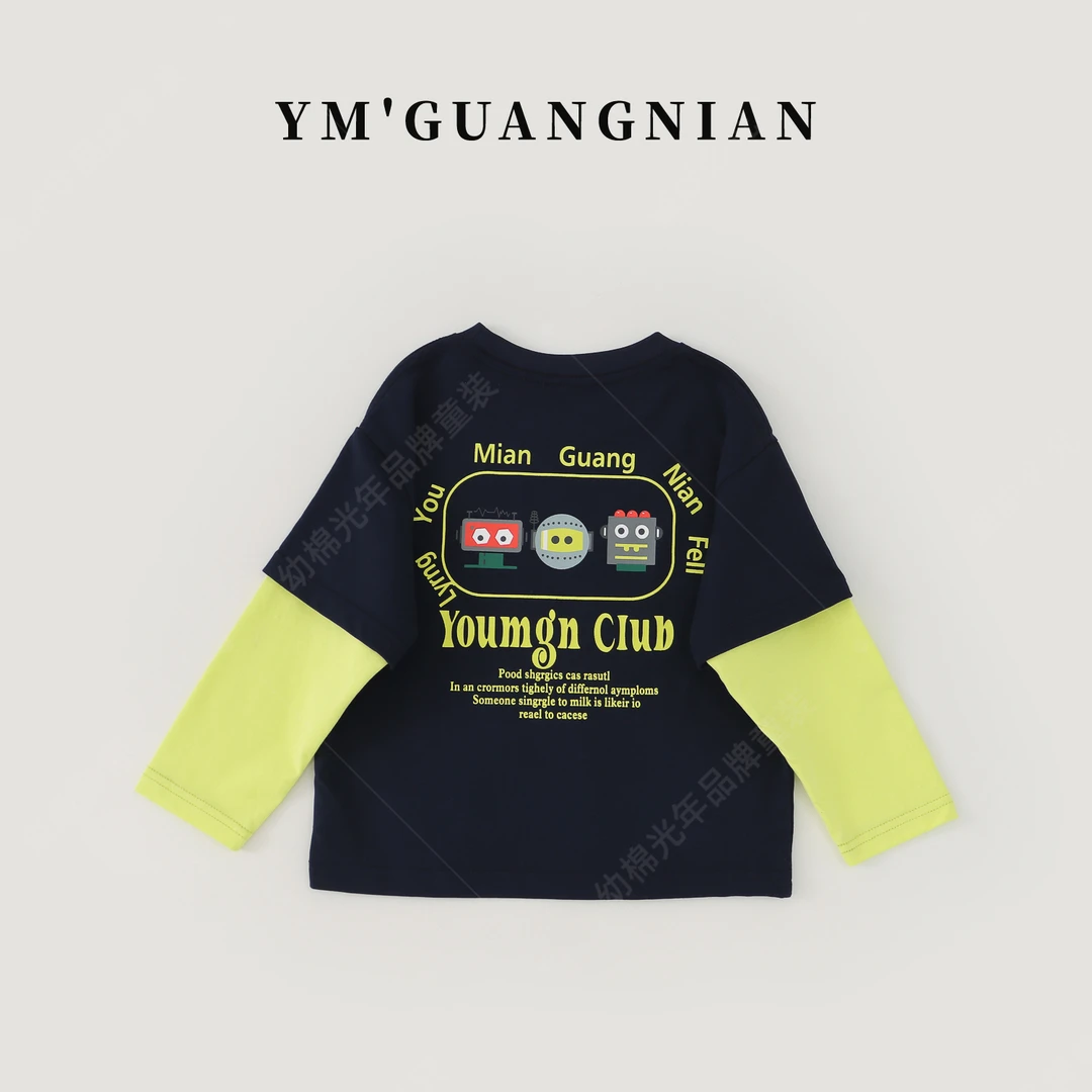 【幼棉光年】春季男童假两件圆领条纹T恤儿童卡通印花长袖1220062