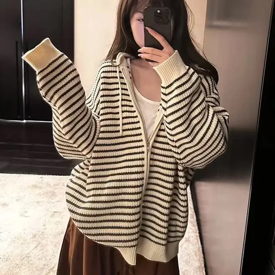 【原单高克重】抽绳连帽条纹针织开衫女秋季韩版宽松加厚毛衣外套！