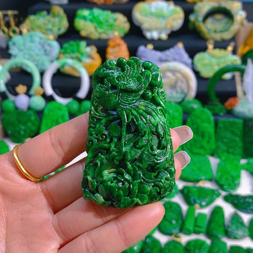 【闪购商品】翡翠颈饰未镶嵌辣绿凤凰牡丹