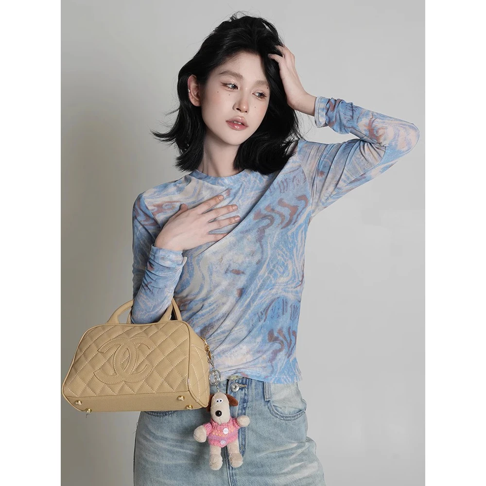 VUMP 蓝色扎染网纱长袖T恤女春夏季新款韩系修身防晒圆领罩衫上衣