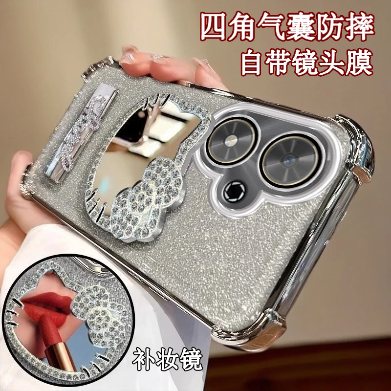 水钻KT猫补妆镜子荣耀Play9C手机壳四角防摔Honorplay9c软壳新款