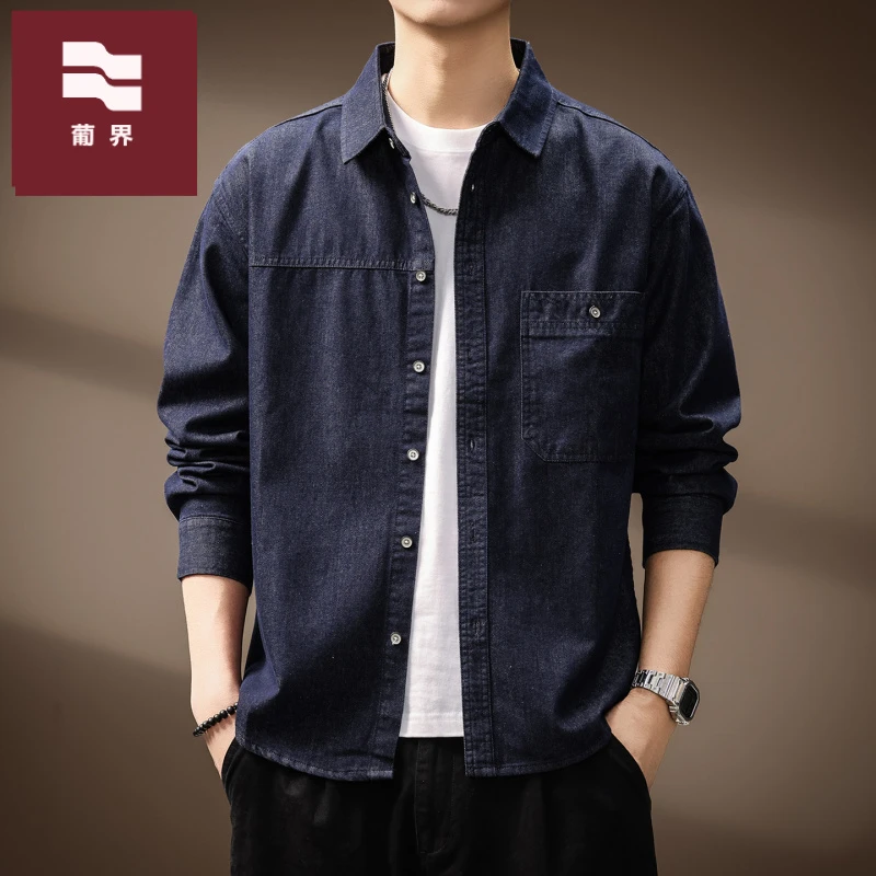 高端美式复古原色水洗牛仔衬衫男2025秋季新款宽松休闲工装外套男