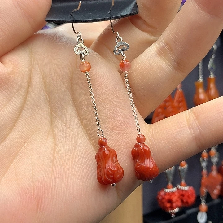 南红玛瑙耳饰银S925镶嵌