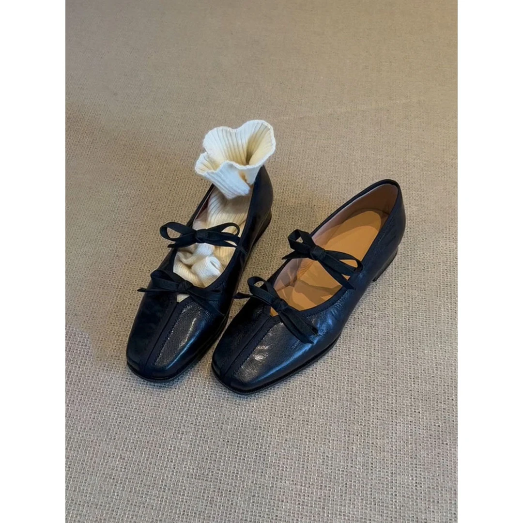 羊皮版~方头复古蝴蝶结玛丽珍鞋女浅口一脚蹬低跟法式芭蕾风单鞋