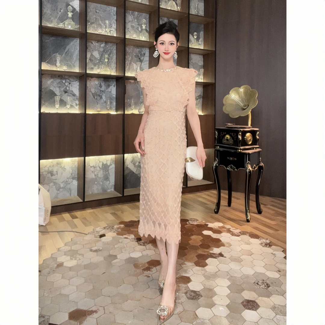 61165优雅显瘦夏季复古国风修身气质名媛宴会中长款连衣裙