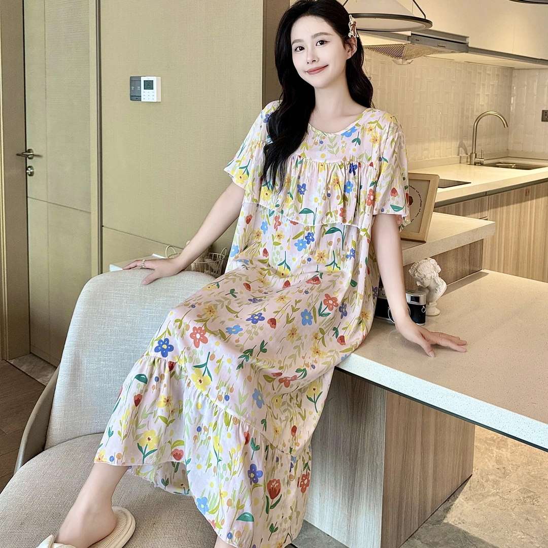 长款外穿防凸点棉绸睡裙女夏短袖睡衣孕妇薄人造棉连衣裙大码胖MM