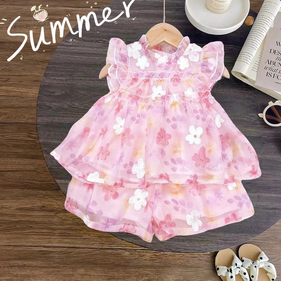 J夏季新款女童时尚洋气碎花套装女宝韩版甜美休闲无袖蕾丝套装X71