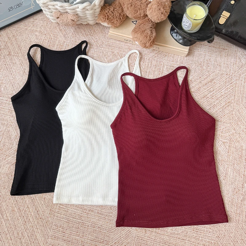 【高品质乳胶胸垫】原版螺纹新疆棉工字挂脖吊带背心女外穿内搭2703