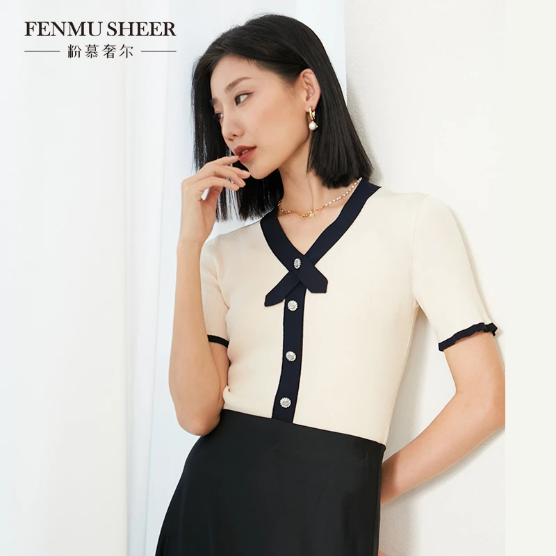 【粉丝专享】粉慕奢尔「温婉佳人」小香风撞色V领短袖气质针织衫W1319