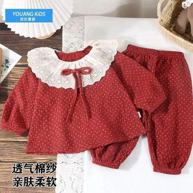 新款纱布儿童纯棉家居服套装甜美花边女宝宝开春上衣裤子两件套