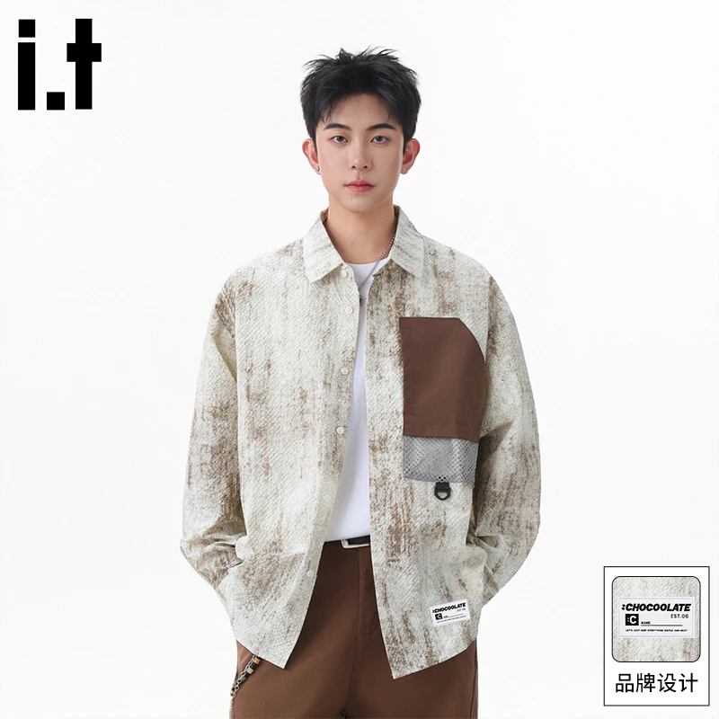 it :CHOCOOLATE时尚扎染拼接口袋长袖衬衫男秋季2025宽松百搭衬衣