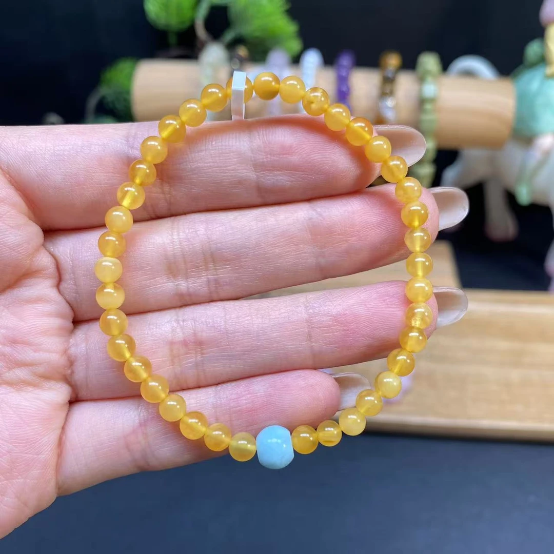 【蜜蜡4.4m手串】A840搭配海纹石时尚轻奢转运黄色鸡油黄