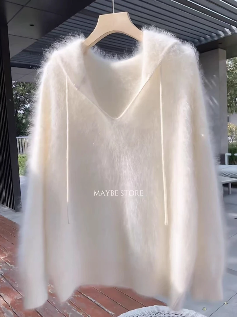欧货老钱风白色连帽毛衣女秋冬2025年高级感慵懒风v领针织衫外穿