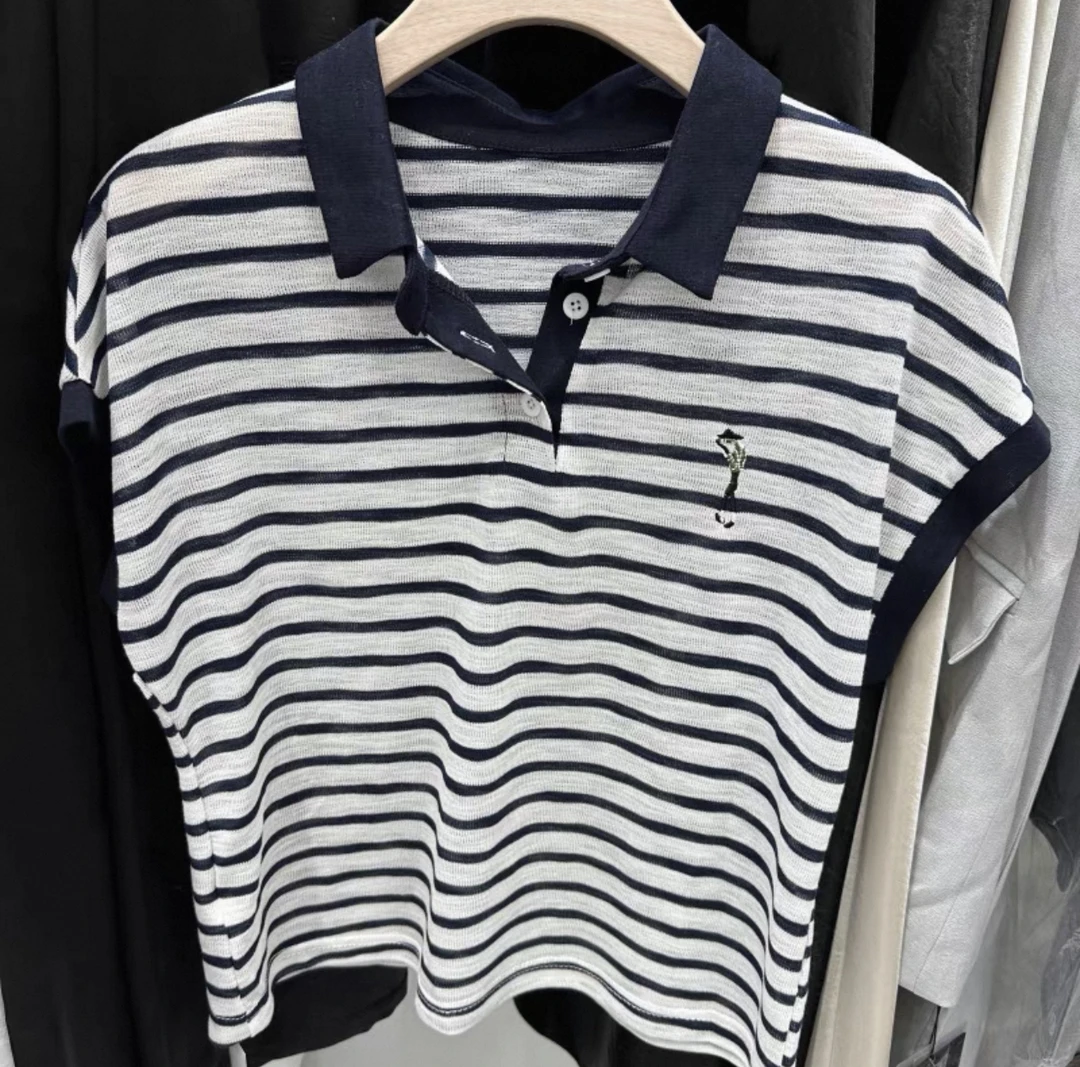 （爱依坊）撞色条纹常规短袖拼接抗起球T恤