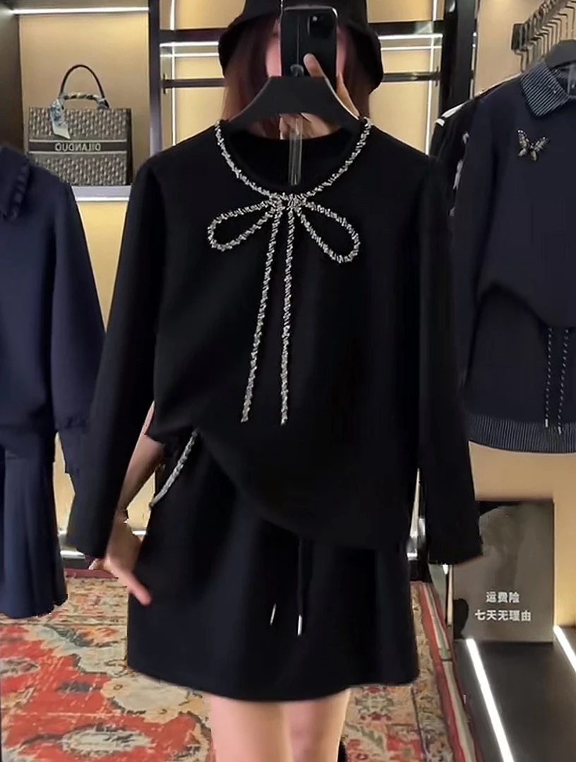 【宠粉价】秋季重工水钻蝴蝶结装饰气质两件套连衣裙裤TZ-505