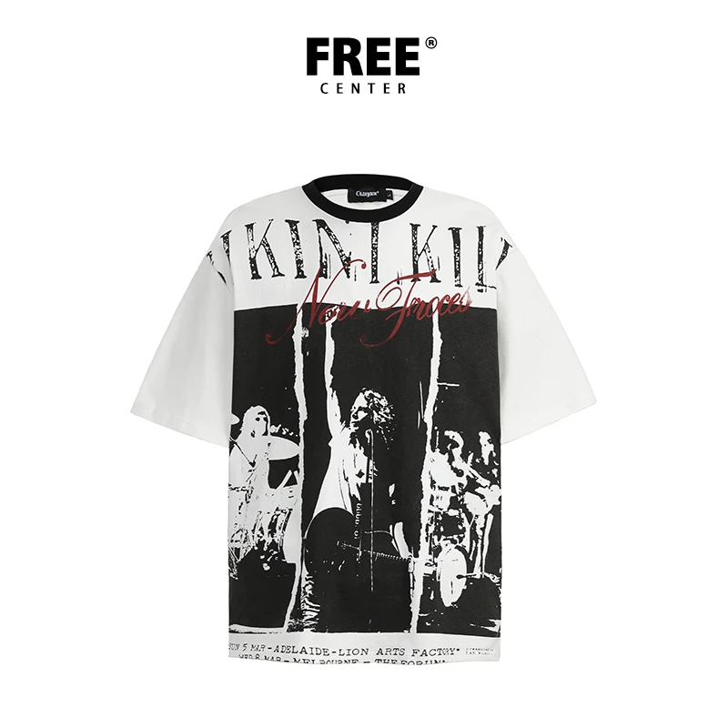 Free Center美式复古摇滚乐队圆领短袖T恤男夏季小众休闲情侣上衣