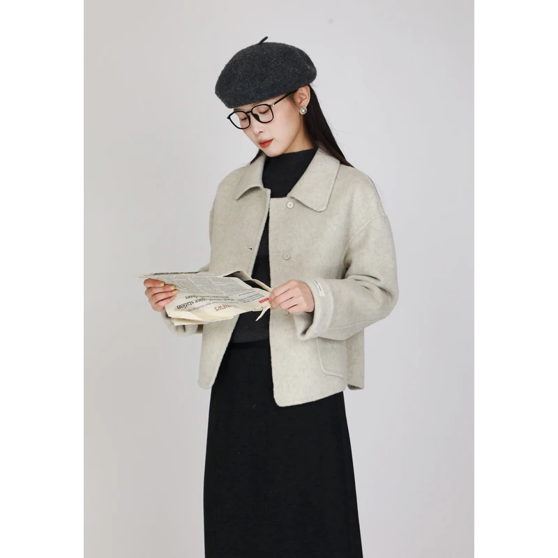 百武西“郁金花香”法式文艺翻领短款双面呢小个子羊毛大衣女9129