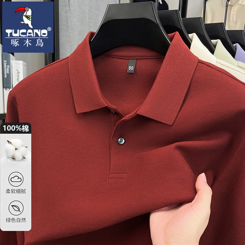 【100%纯棉】啄木鸟纯色长袖POLO衫男士春秋季舒适休闲柔软翻领T恤