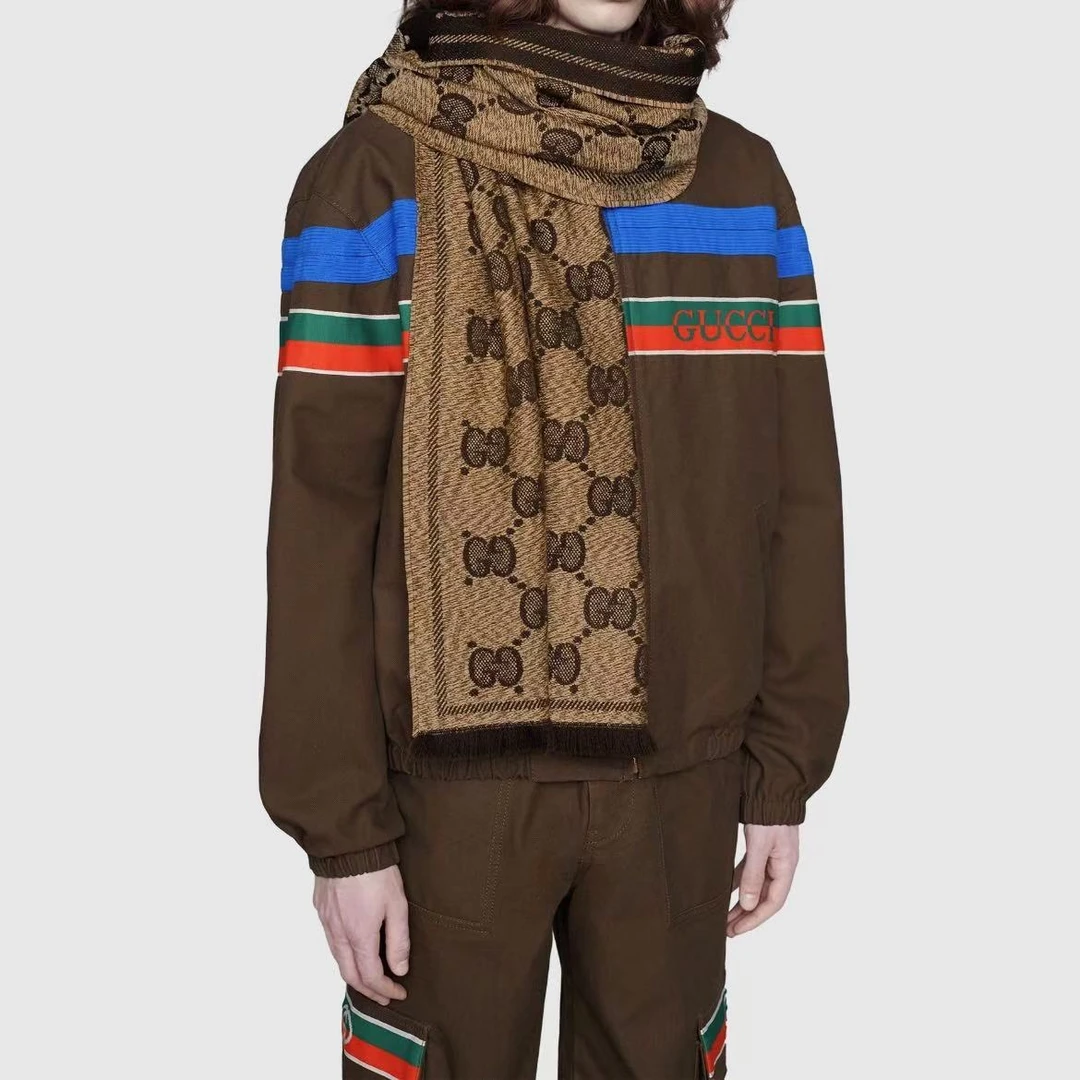 全新未使用 GUCCI/古驰 6803/棕咖色双G小提花羊毛绒线围巾195*45