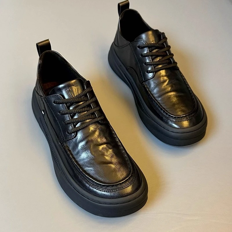 男鞋2025冬季新款潮流时尚百搭商务透气软底纯色男士真皮休闲皮鞋